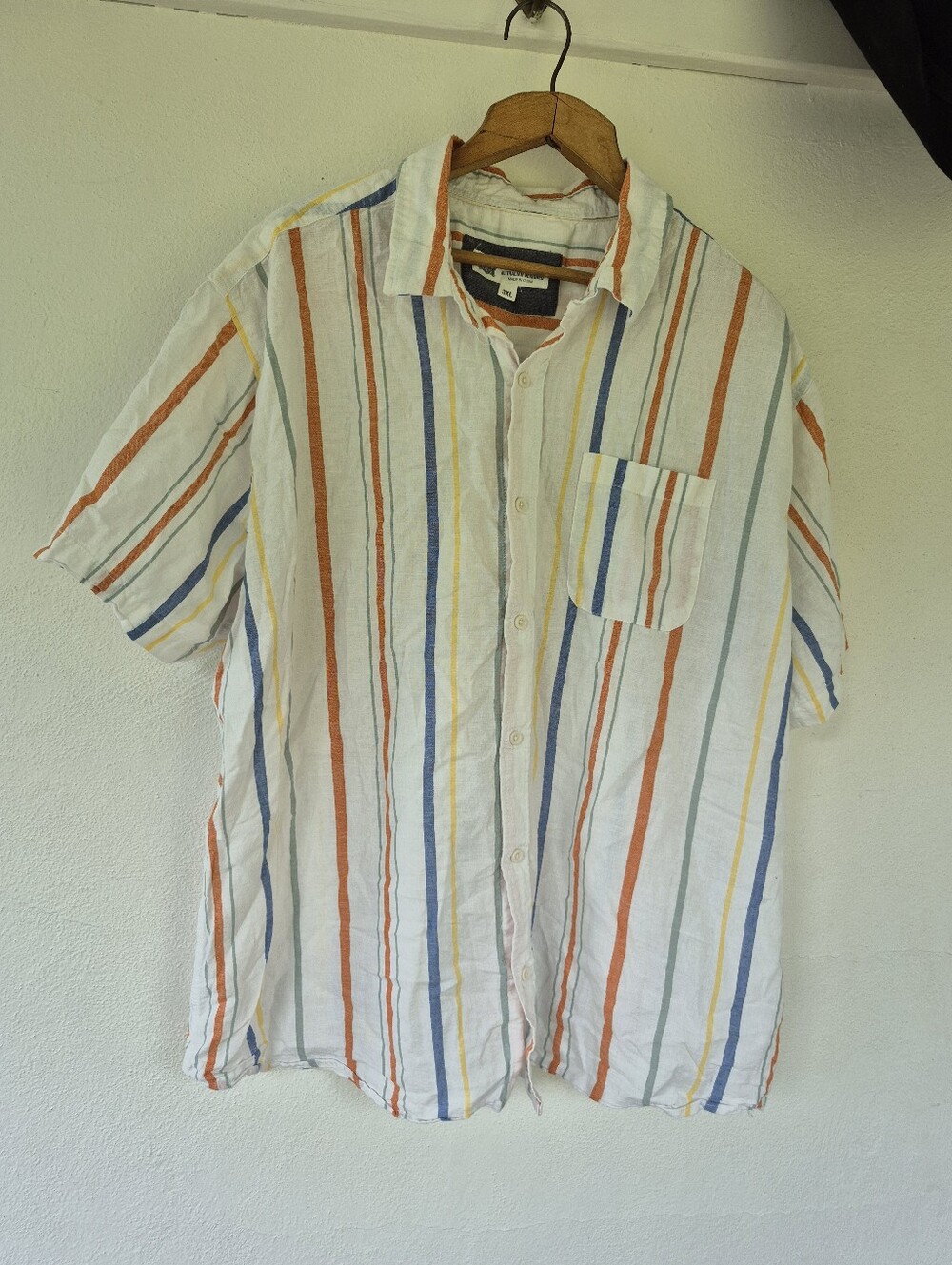 Cotton And Linen Colorful Stripe Short Sleeve Shirt 3 XL